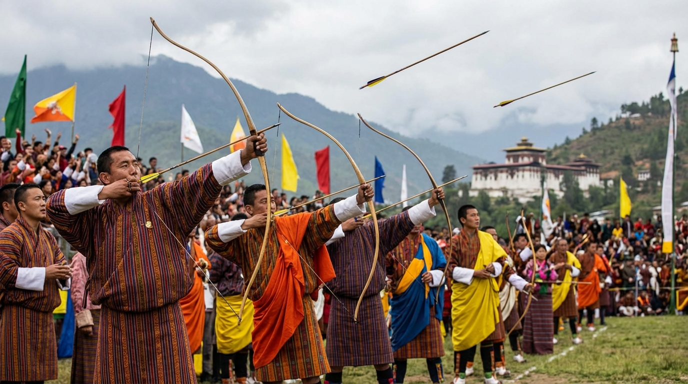 Bhutanische Bogenschützen in traditioneller Kleidung beim nationalen Wettkampf, Zuschauer feuern im Hintergrund an
