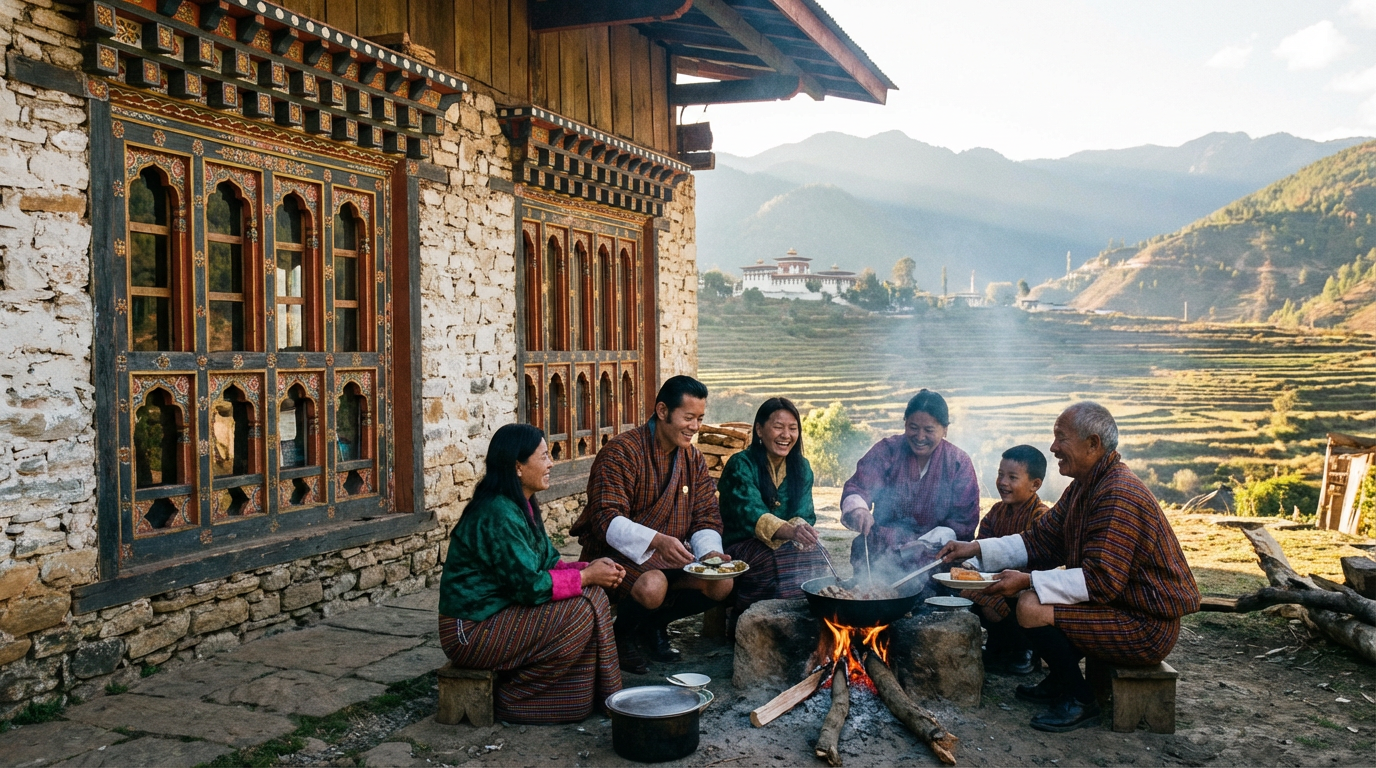 Traditionelles bhutanisches Farmhouse mit bunten Fensterrahmen, Familie bereitet Mahlzeit im Freien vor