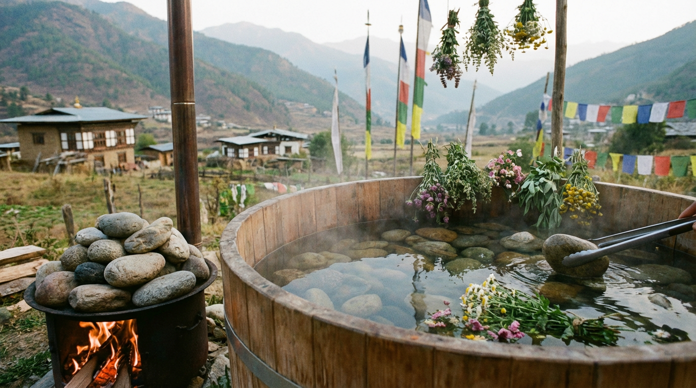 Rustikales Holzbad mit erhitzten Flusssteinen in ländlicher Umgebung, dampfendes Wasser und Kräuterbündel