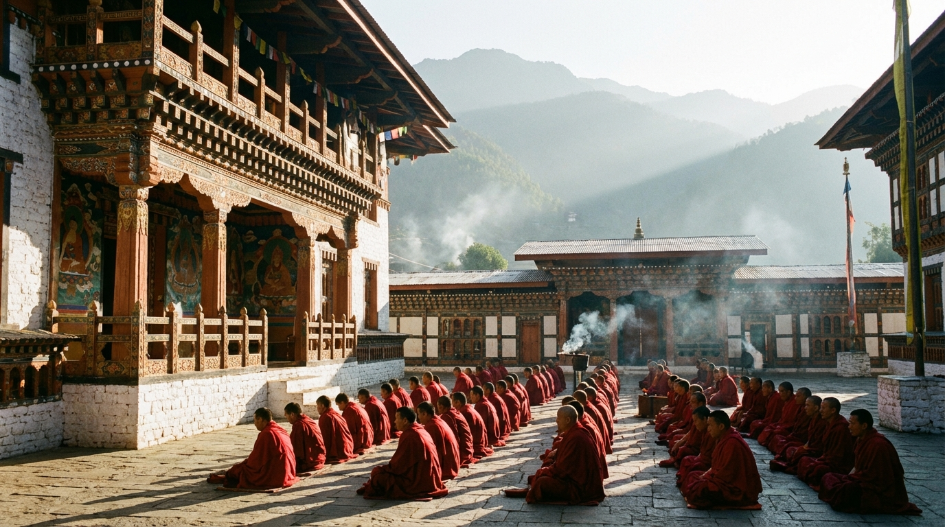 Innenhof eines bhutanischen Klosters bei Sonnenaufgang mit meditierenden Mönchen in roten Roben
