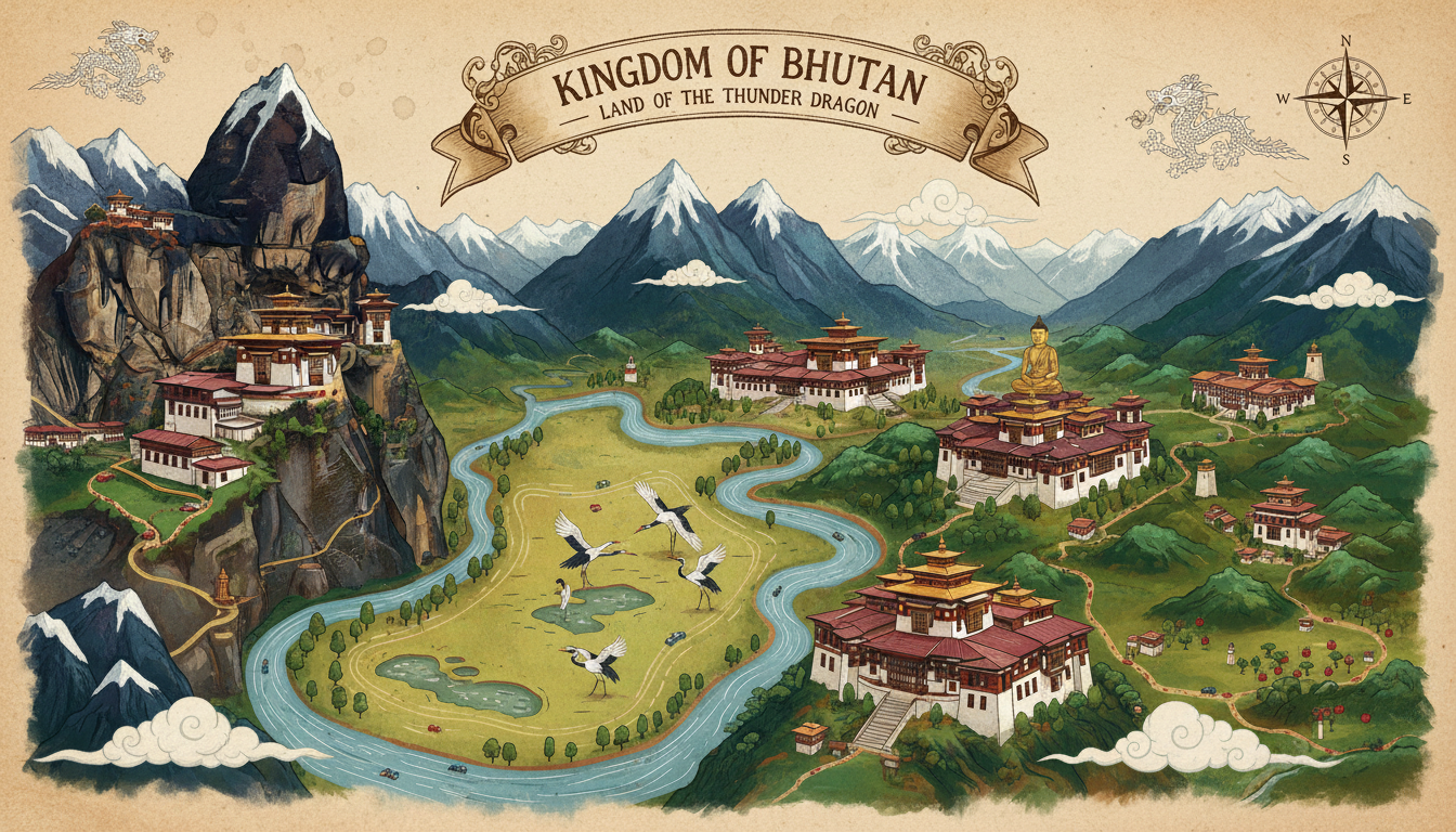 Illustrierte Karte von Bhutan mit eingezeichneten Top-Sehenswürdigkeiten: Tigernest bei Paro, Punakha Dzong, Thimphu, Phobjikha-Tal mit Kranichen, Bumthang und Trongsa Dzong