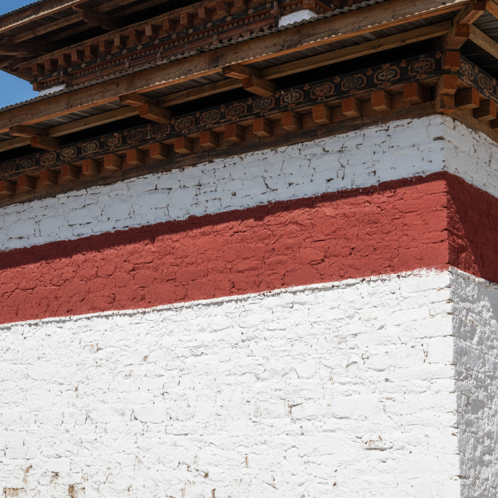 Nahaufnahme des charakteristischen roten Ockerstreifens unterhalb der Dachkante