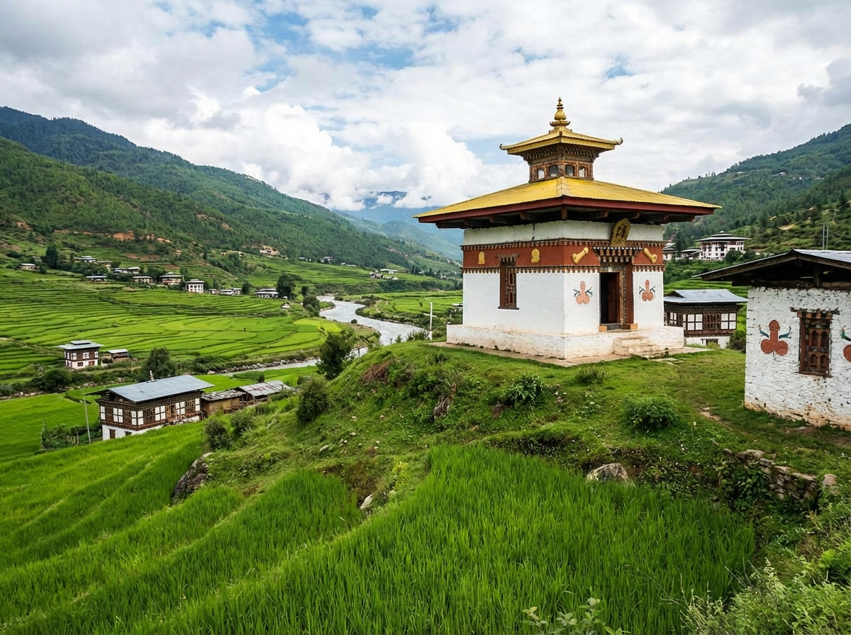 Chimi Lhakhang, der kleine Fruchtbarkeitstempel auf einem Hügel inmitten von Reisfeldern bei Punakha