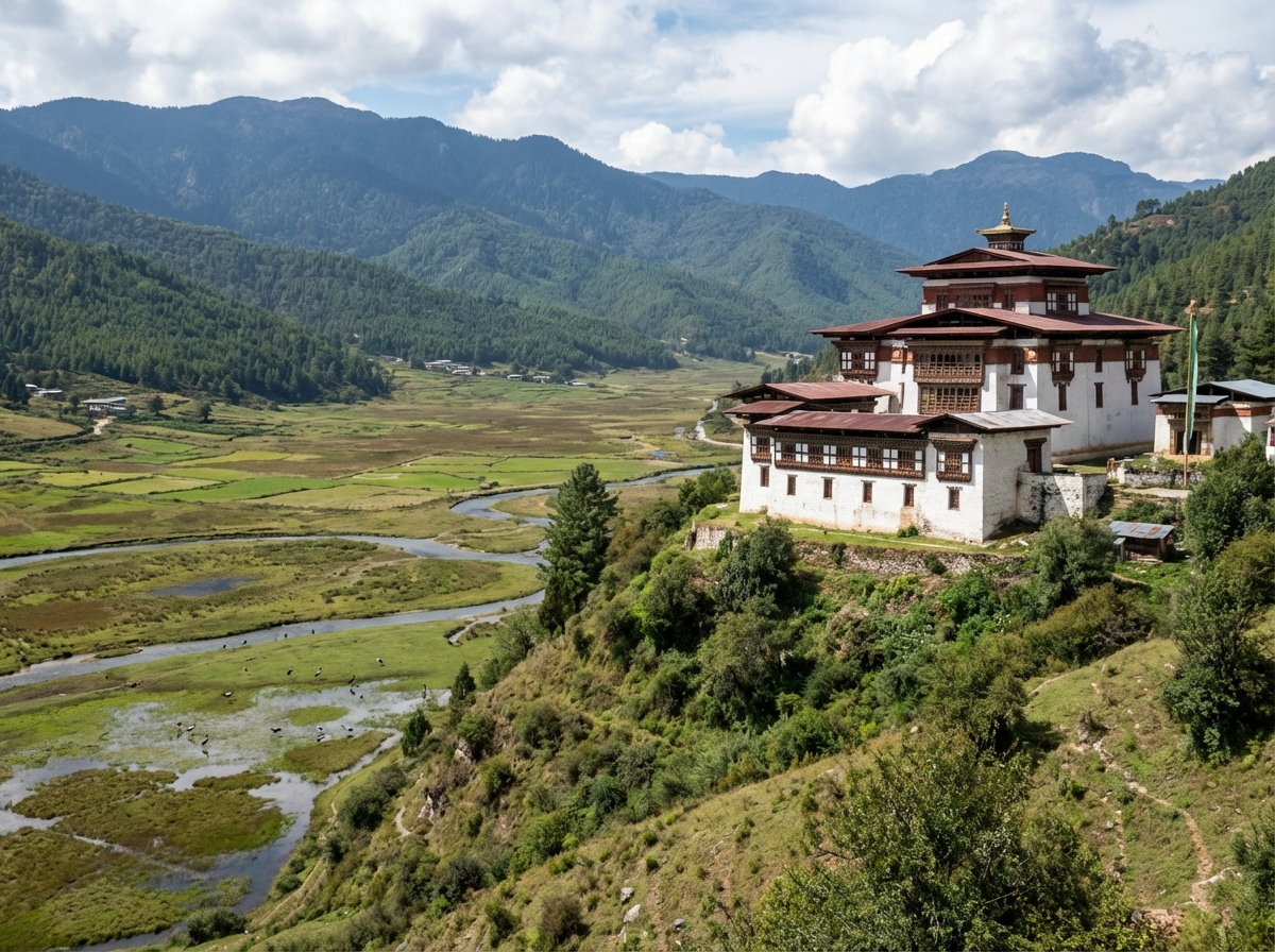 Gangtey Goenpa Kloster überblickt das weite Phobjikha-Tal, Heimat der Schwarzhalskraniche