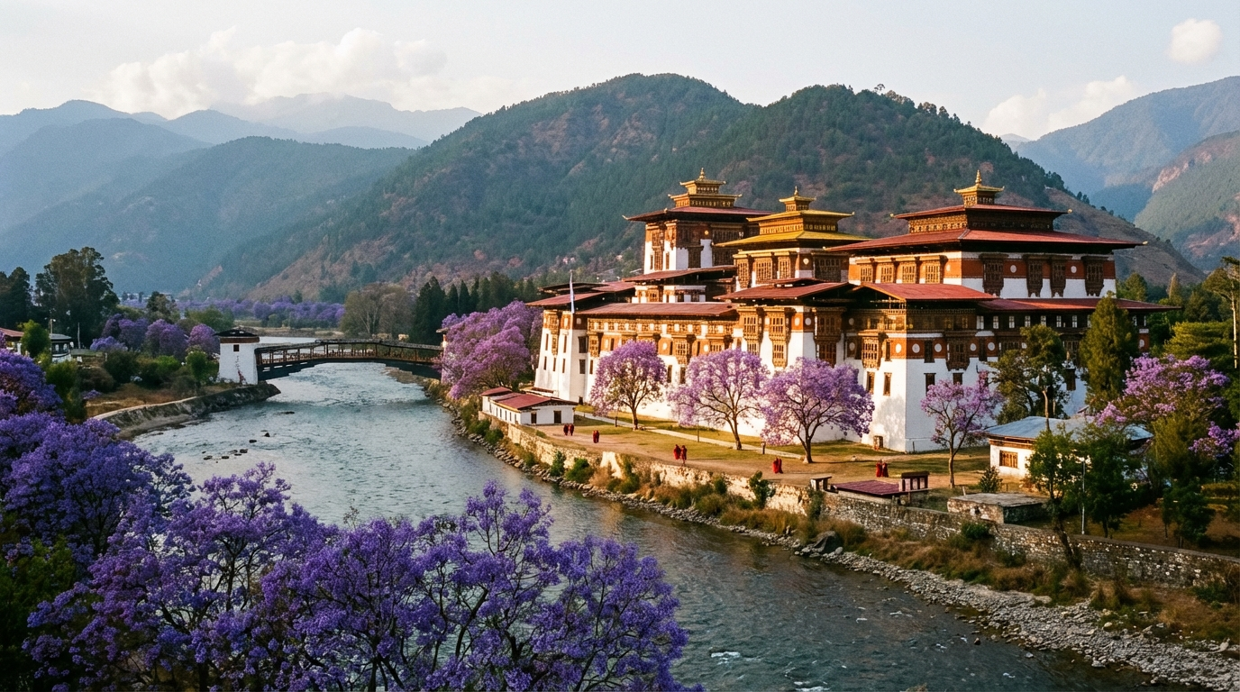 Punakha Dzong am Zusammenfluss von Mo Chhu und Pho Chhu, umgeben von blühenden Jacaranda-Bäumen im Frühling