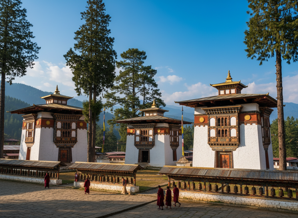 Der Tempelkomplex von Kurjey Lhakhang in Bumthang, bestehend aus drei historischen Gebäuden