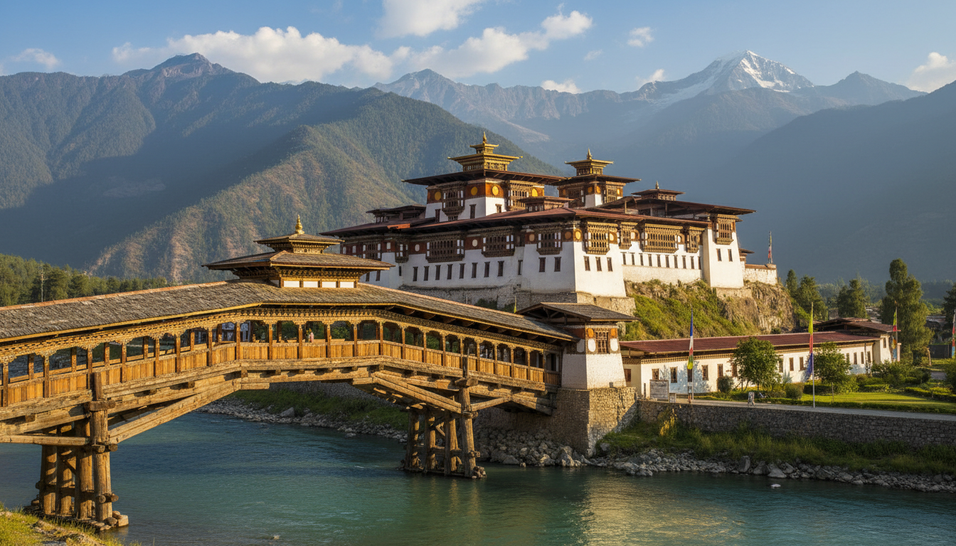 Paro Rinpung Dzong mit der traditionellen Holzbrücke über den Paro Chhu Fluss im Vordergrund