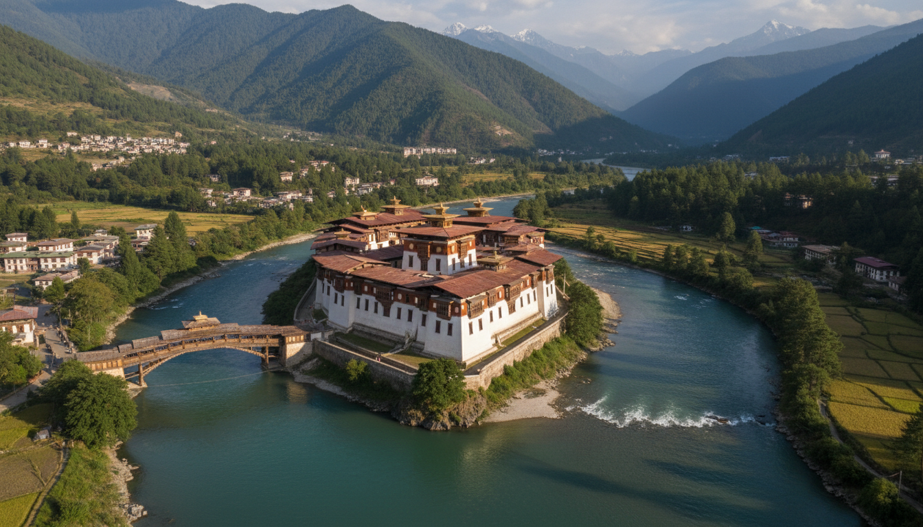 Panoramaansicht des Punakha Dzong am Zusammenfluss von Mo Chhu (Mutterfluss) und Pho Chhu (Vaterfluss)
