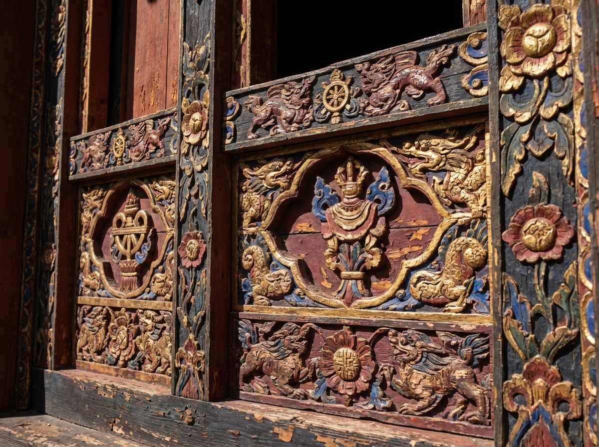 Detailaufnahme der kunstvollen Holzschnitzereien im Innenhof des Punakha Dzong