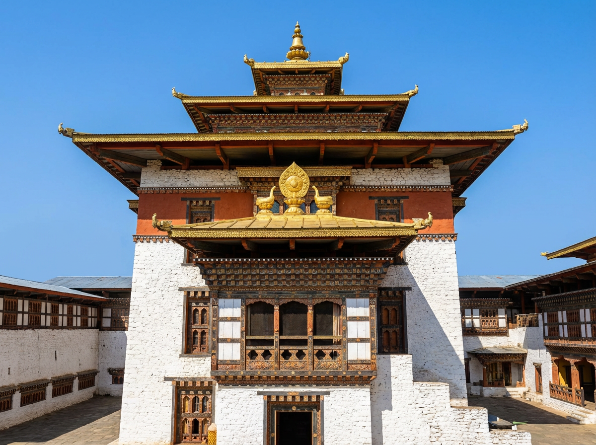 Der zentrale Utse-Turm des Punakha Dzong mit goldenen Dachverzierungen