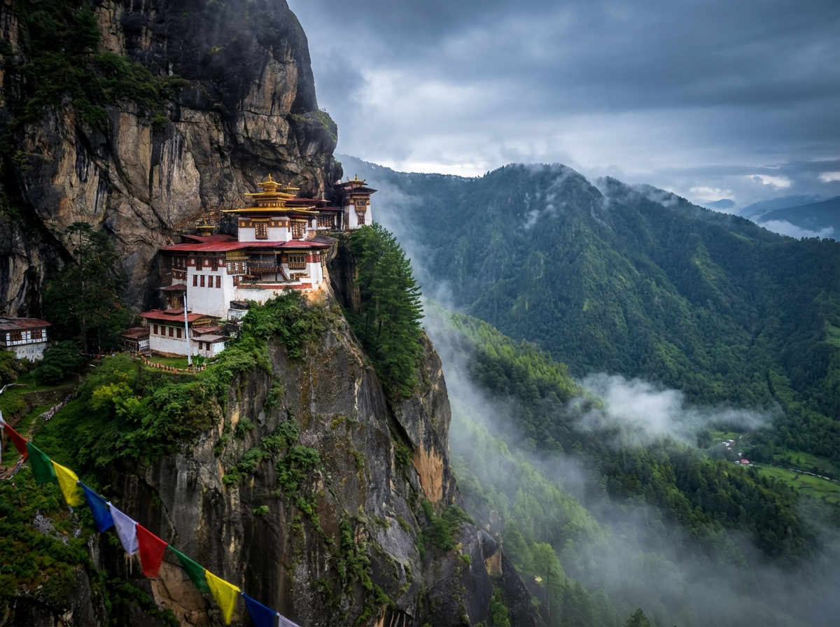 Paro Taktsang Kloster (Tiger's Nest) klammert sich an eine steile Felswand im Paro-Tal