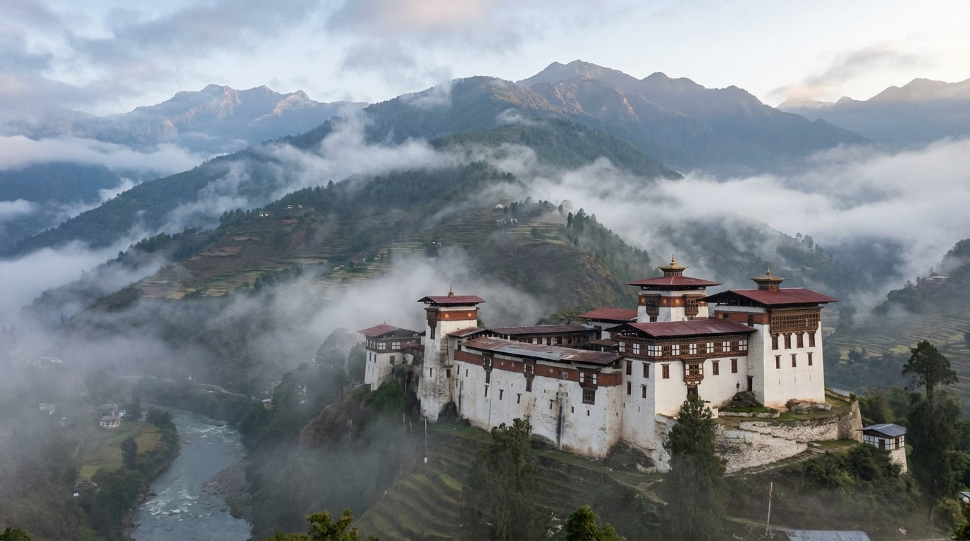 Trongsa Dzong thront dramatisch auf einem Bergrücken über dem Mangde Chhu Tal, umgeben von Morgennebel