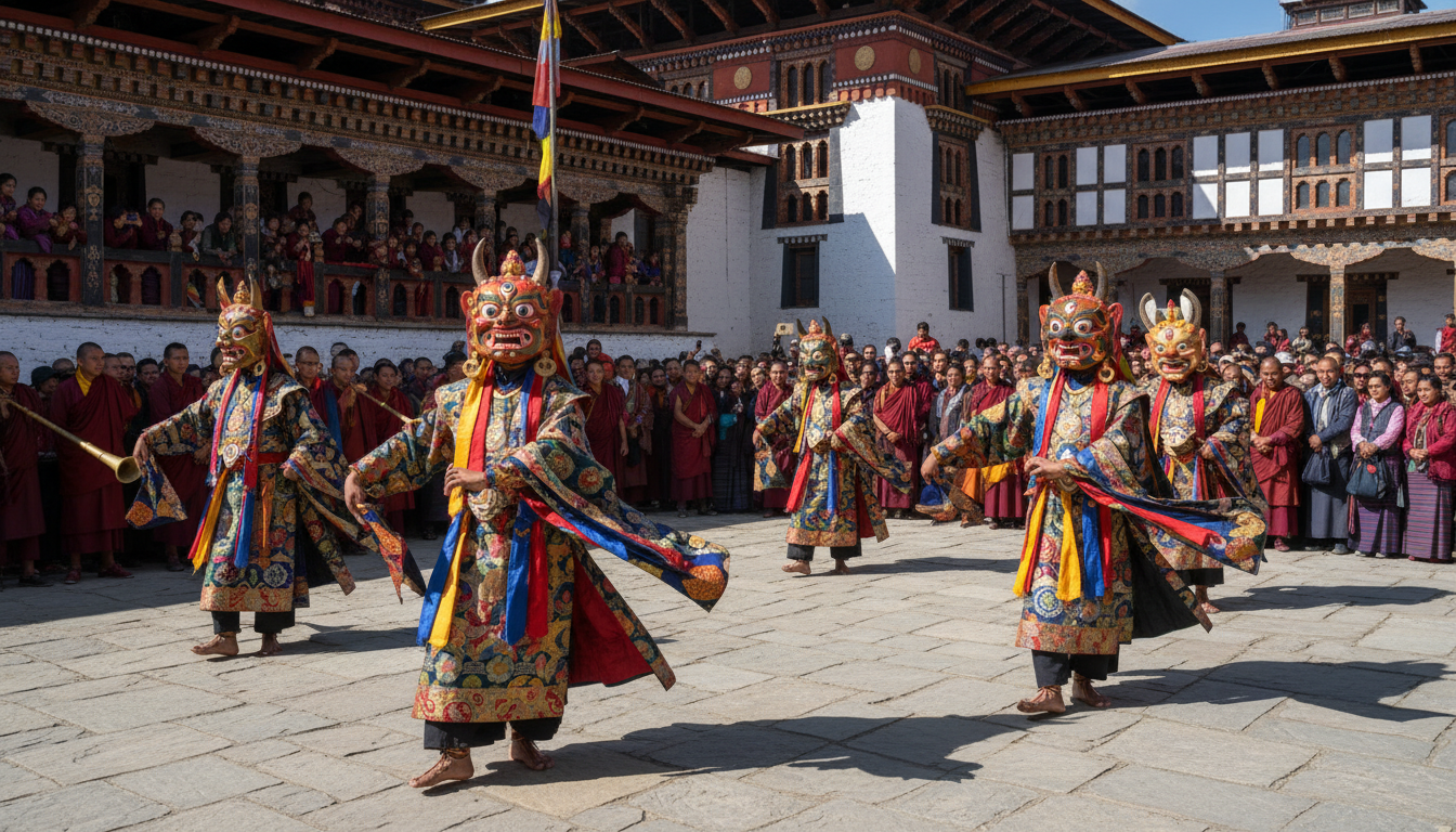 Maskentänzer in farbenprächtigen Kostümen während eines Tshechu-Festivals in einem Dzong-Innenhof