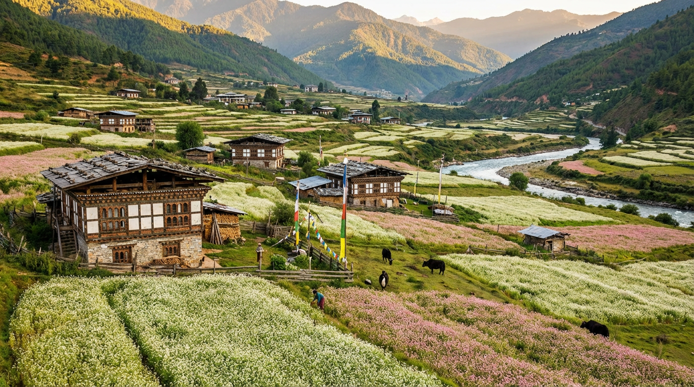 Das grüne Bumthang-Tal mit traditionellen Bauernhöfen und Buchweizen-Feldern