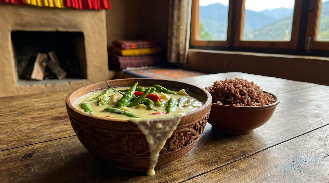 Ema Datshi in einer traditionellen Schale serviert, cremige Käsesauce mit grünen Chilis, daneben roter Reis