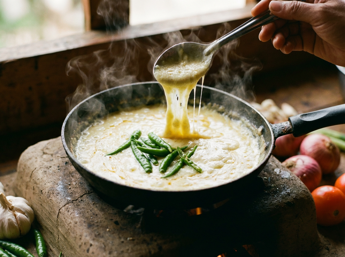 Nahaufnahme der Zubereitung von Ema Datshi mit frischen grünen Chilis und schmelzendem Käse