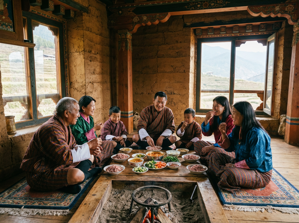 Bhutanische Familie beim gemeinsamen Essen von Ema Datshi in einem traditionellen Bauernhaus