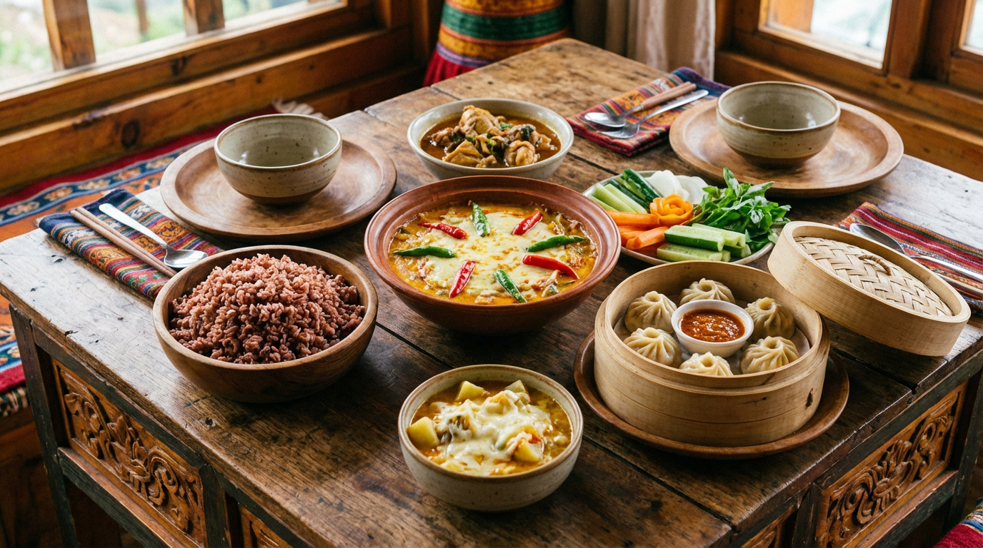 Farbenfrohe bhutanische Mahlzeit mit Ema Datshi, rotem Reis und Momos auf einem traditionellen Holztisch serviert