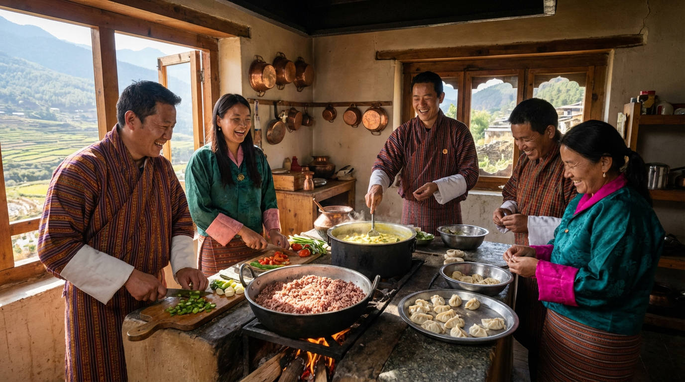 Bhutanische Familie bereitet gemeinsam mit Gästen eine traditionelle Mahlzeit zu