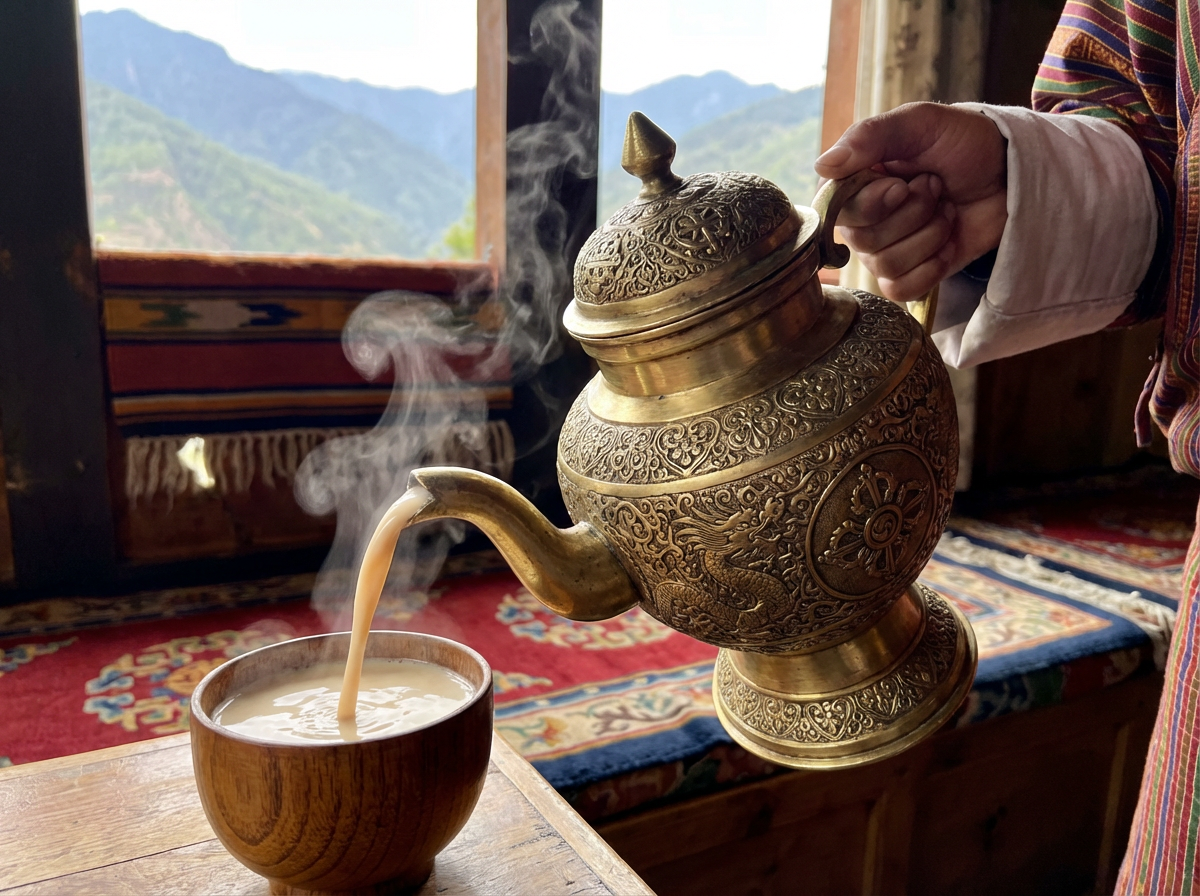 Traditioneller bhutanischer Buttertee (Suja) wird aus einem kunstvollen Messingkrug in eine Tasse gegossen