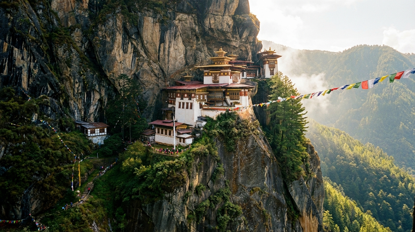 Das Tigernest-Kloster (Paro Taktsang) thront auf einer steilen Felsklippe über dem Paro-Tal, umgeben von Kiefernwald und bunten Gebetsflaggen - Bhutans berühmteste Sehenswürdigkeit