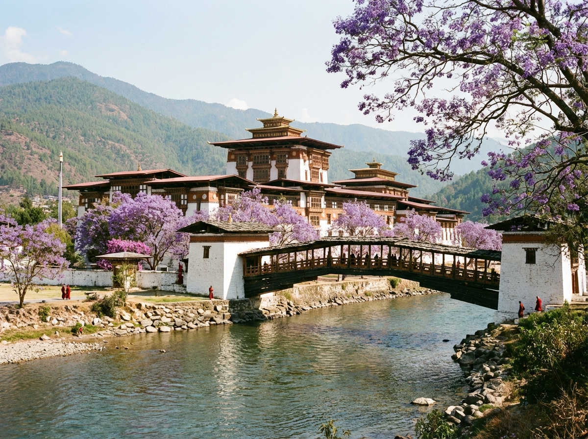 Der majestätische Punakha Dzong am Zusammenfluss zweier Flüsse, umgeben von blühenden Jacaranda-Bäumen im Frühling