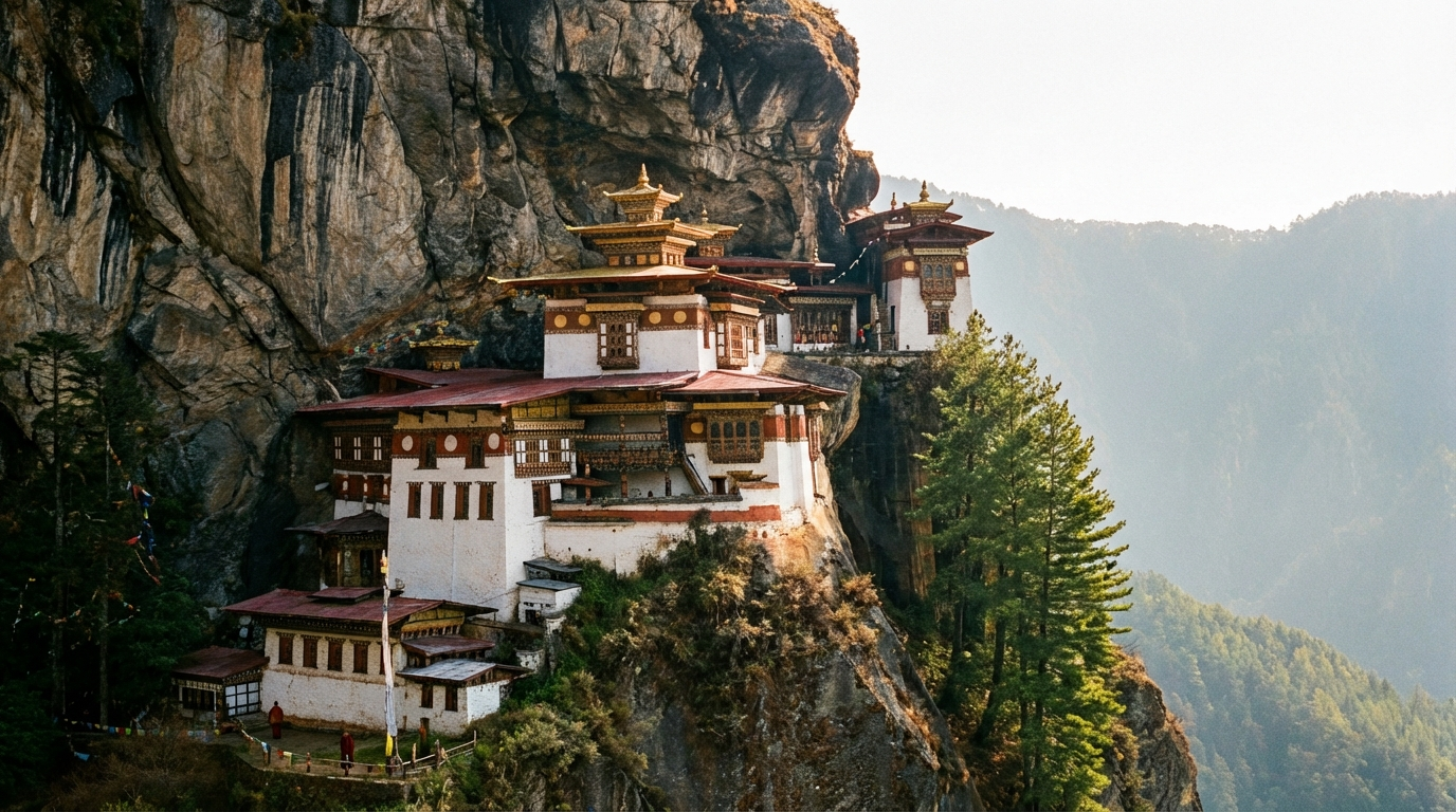 Nahaufnahme des Tigernest-Klosters mit den weißen Gebäuden, die sich an die Felswand schmiegen, bei goldenem Morgenlicht