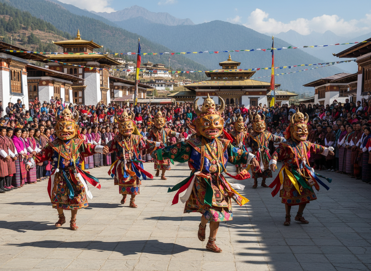 Farbenfrohe Maskentänzer in traditionellen Kostümen während eines Tshechu-Festivals, umringt von Zuschauern in festlicher Kleidung