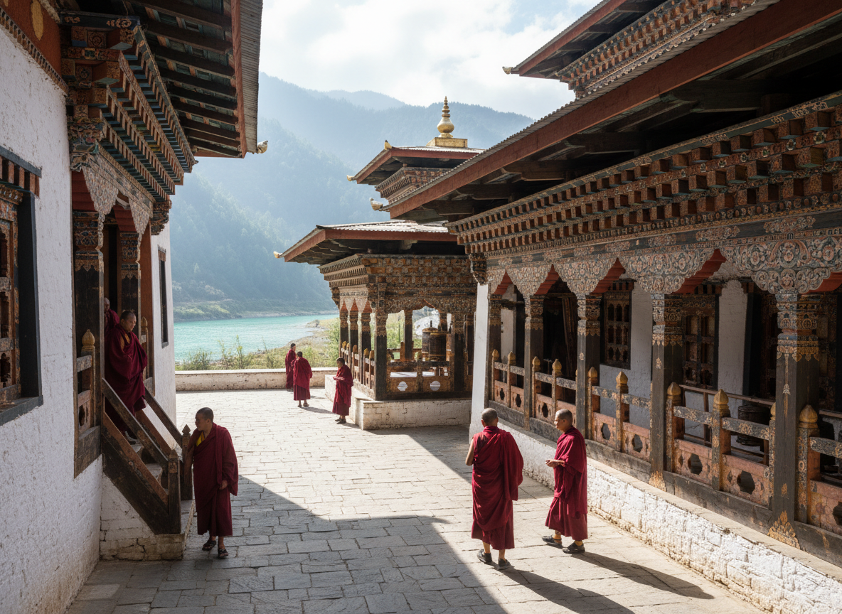 Innenhof des Punakha Dzong mit kunstvollen Holzschnitzereien, rot gekleideten Mönchen und dem typischen bhutanischen Architekturstil