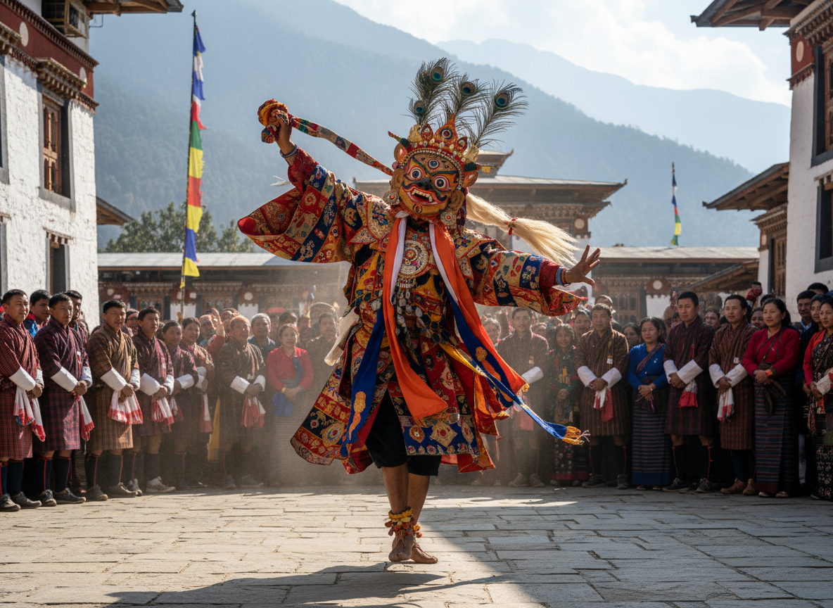 Traditioneller Maskentänzer in aufwändigem Kostüm und bunter Maske führt einen rituellen Tanz vor begeisterten Zuschauern auf