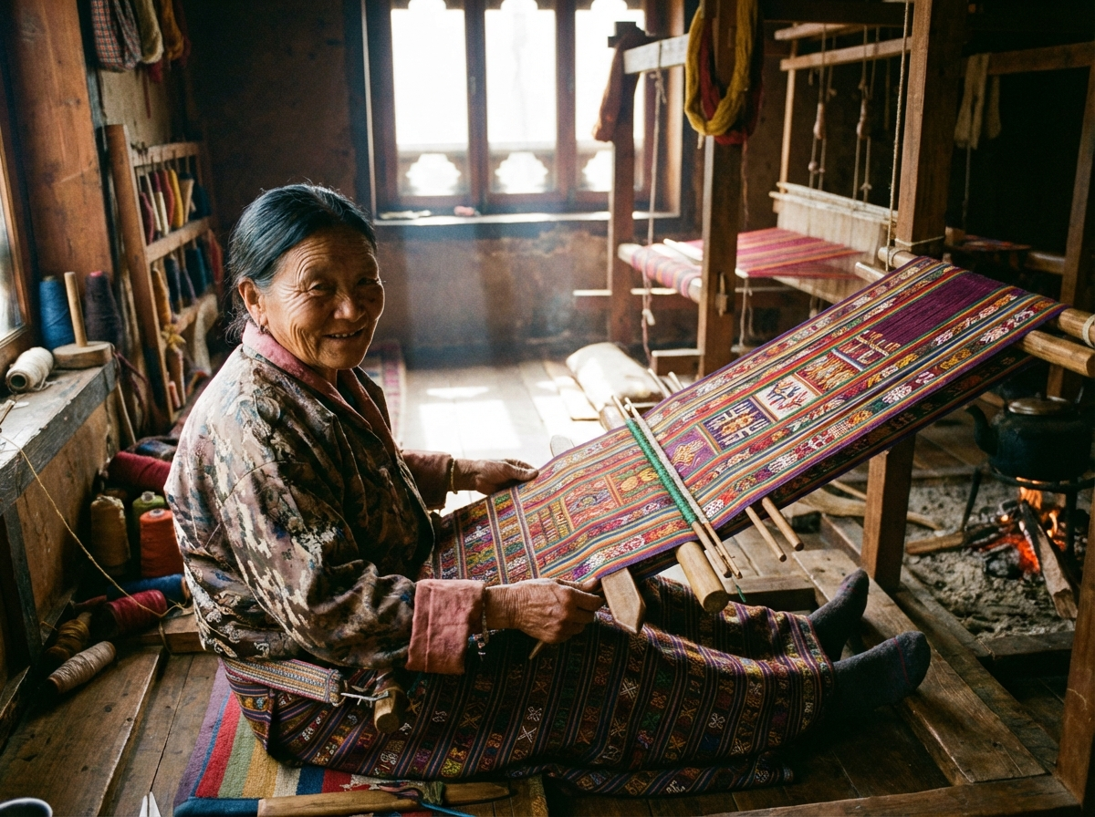 Bhutanische Weberin an einem traditionellen Webstuhl fertigt ein farbenfrohes Textil mit komplexen Mustern