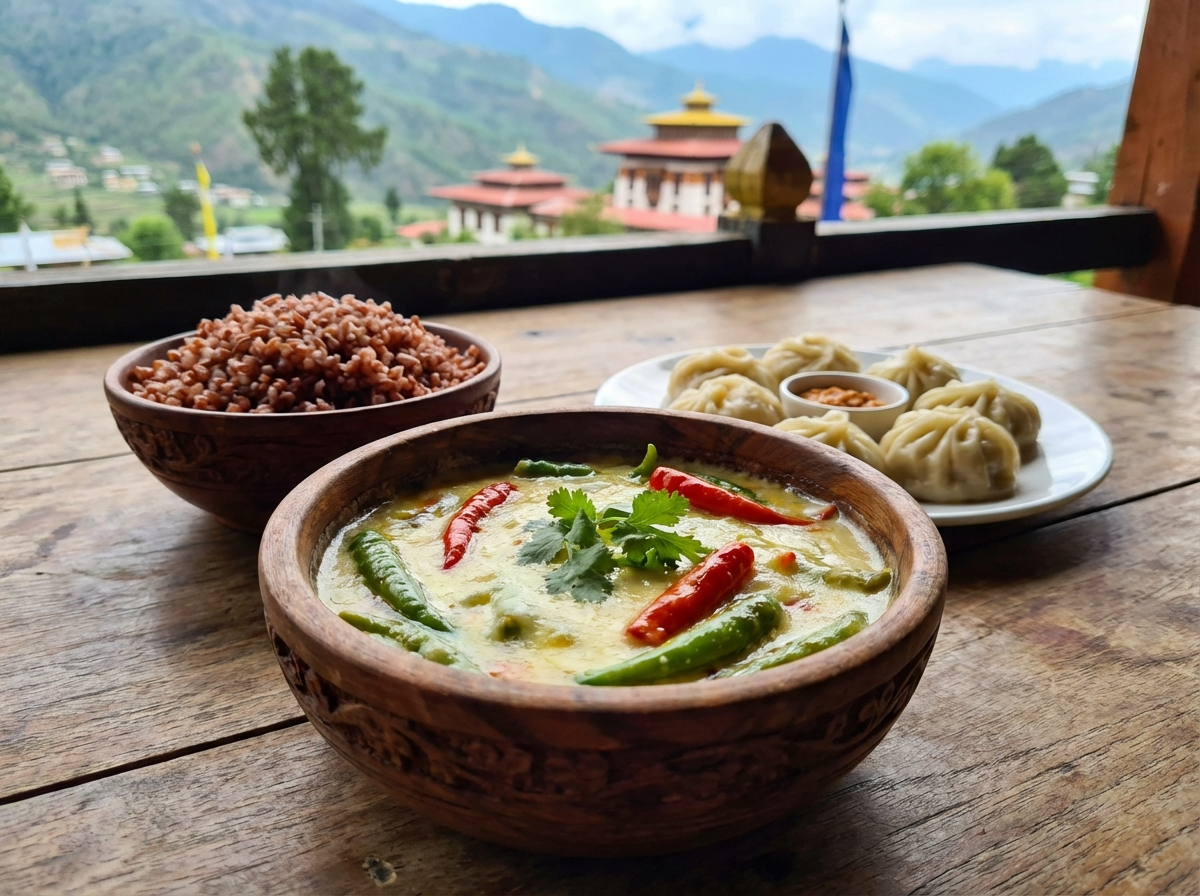 Traditionelles bhutanisches Gericht Ema Datshi serviert in einer handgefertigten Holzschale, daneben roter Reis und Momos
