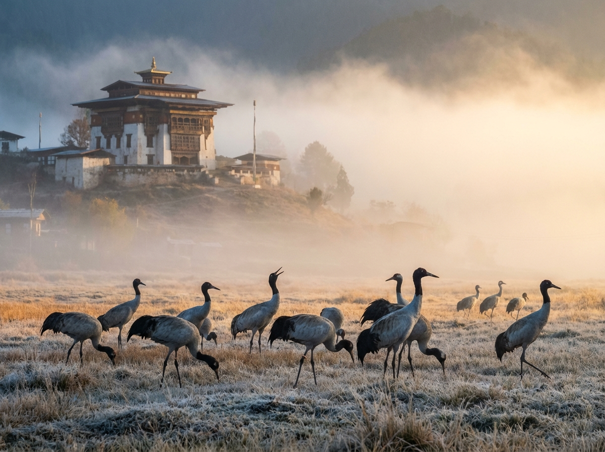 Schwarzhalskraniche im Phobjikha-Tal mit dem Gangtey-Kloster im Hintergrund, aufgenommen bei Morgennebel