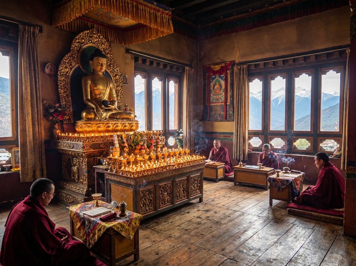 Meditationsraum in einem bhutanischen Kloster mit Blick auf schneebedeckte Berge, Buddha-Statue und brennenden Butterlampen