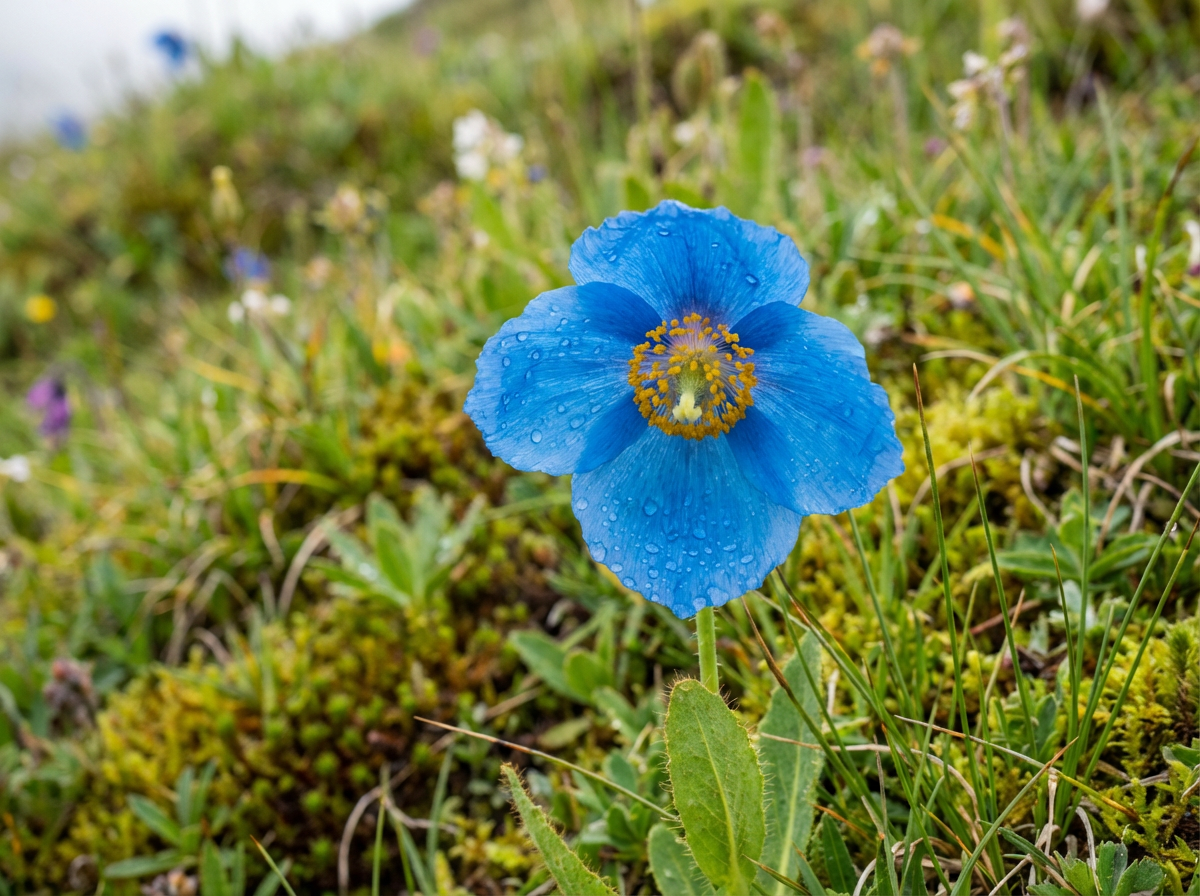 Blaue Mohn (Meconopsis) in voller Blüte auf einer alpinen Wiese in Bhutan, mit intensiv blauer Blütenfarbe vor grünem Hintergrund