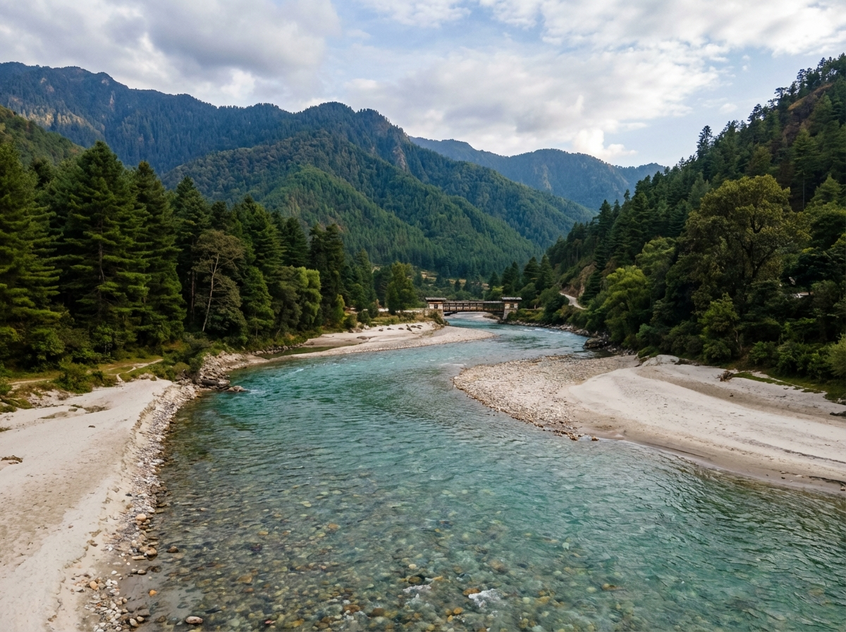 Flusslandschaft im Bumdeling Wildlife Sanctuary mit Sandbänken und umgebenden bewaldeten Bergen
