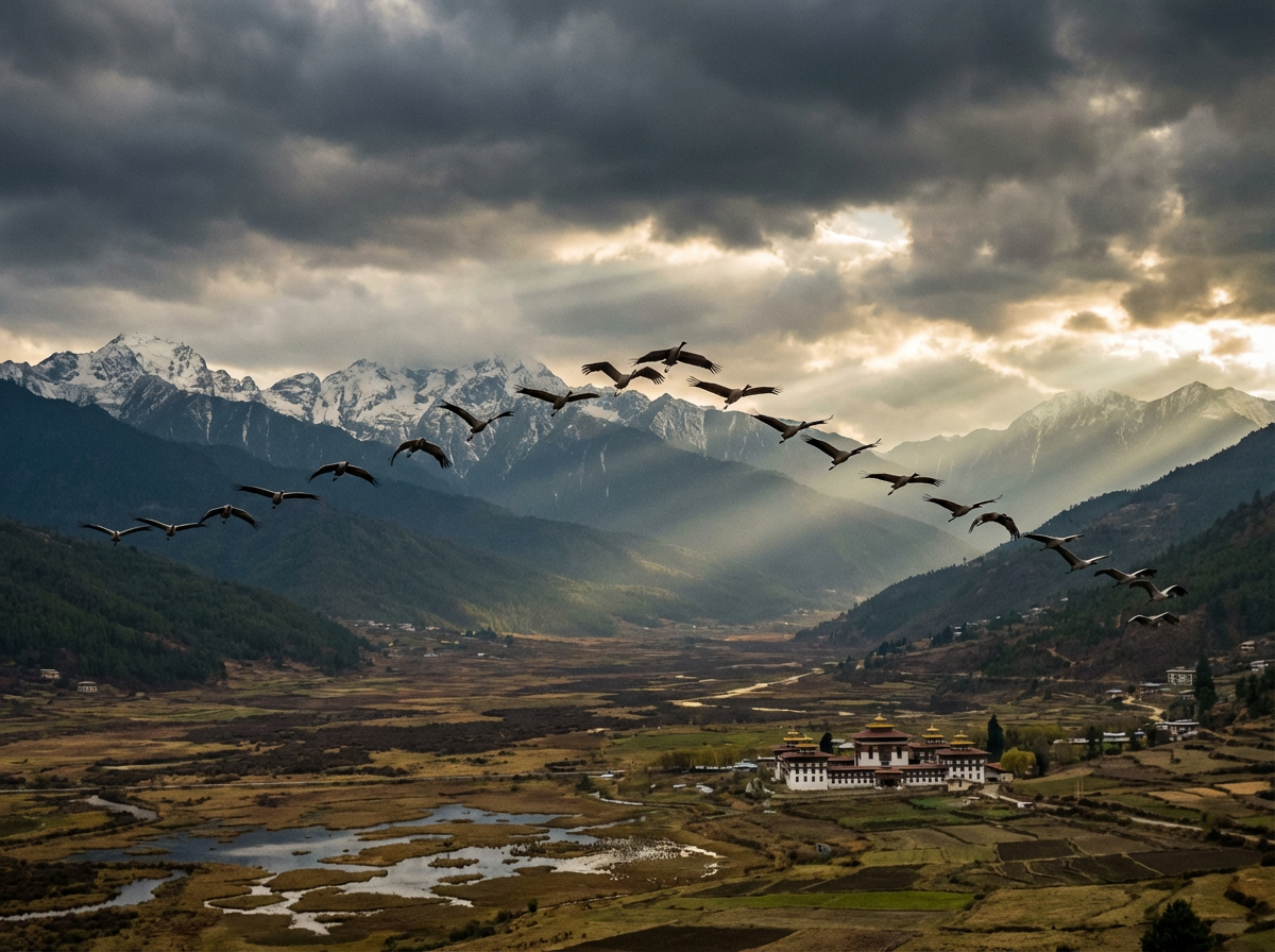 Gruppe von Schwarzhalskranichen im Flug über dem Phobjikha-Tal vor dem Hintergrund schneebedeckter Himalaya-Gipfel