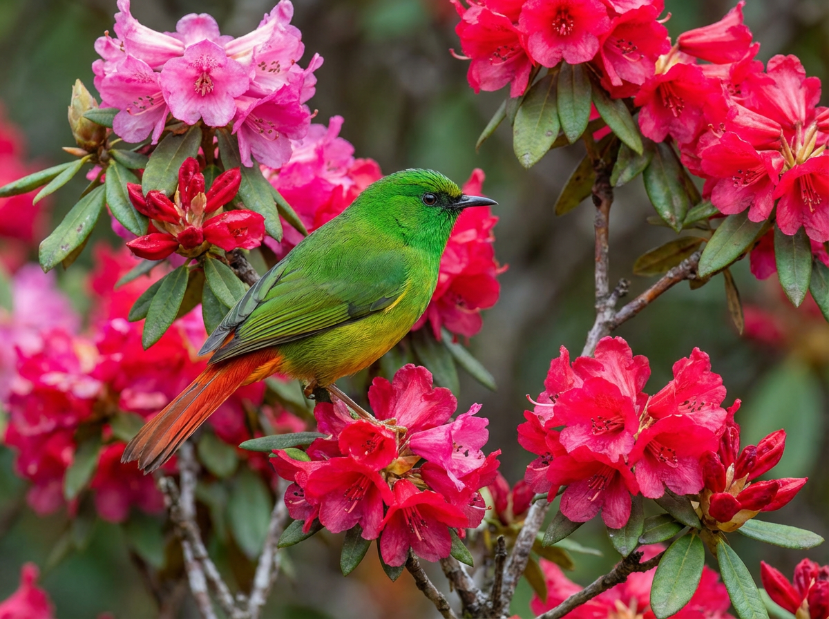 Feuer-Schwanzweber (Fire-tailed Myzornis) mit leuchtend grünem Gefieder und rotem Schwanz auf einem blühenden Rhododendronzweig