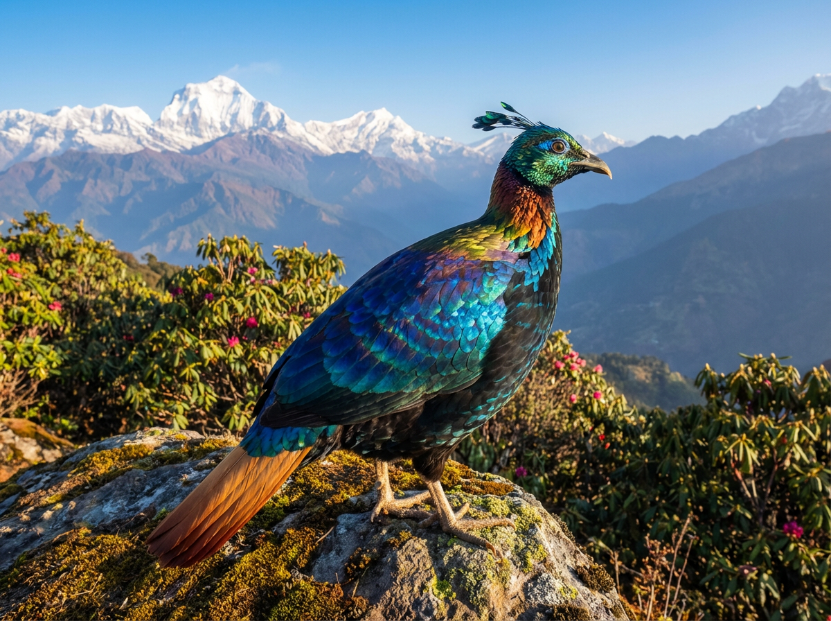 Himalaya-Glanzfasan (Himalayan Monal) mit schillerndem blau-grün-kupferfarbenem Gefieder auf einem Felsen im Morgenlicht
