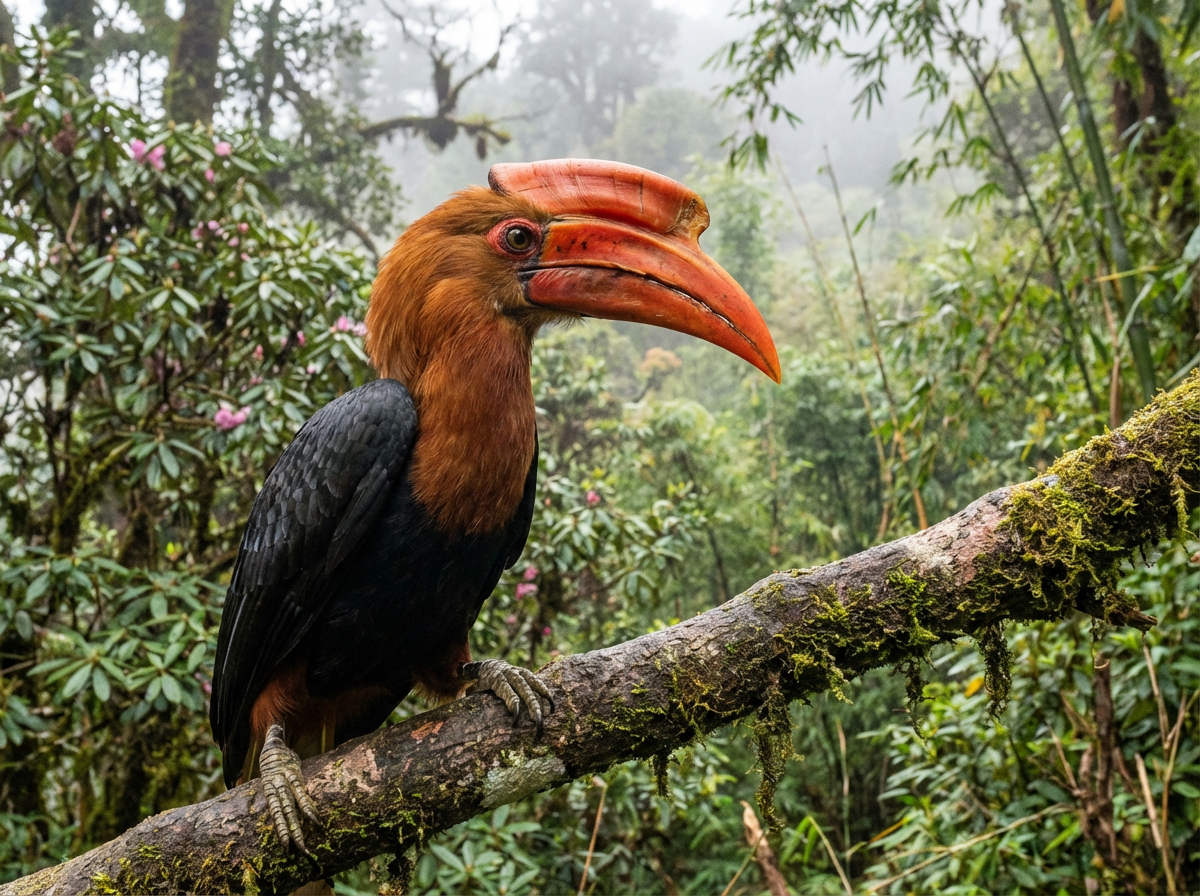 Rothalshornvogel (Rufous-necked Hornbill) mit großem gebogenem Schnabel auf einem Ast in den Wäldern Bhutans