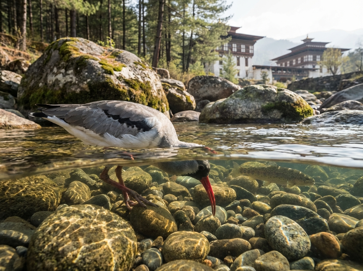 Ibisschnabel watend in einem klaren Bergfluss Bhutans auf der Suche nach Nahrung zwischen den Kieselsteinen