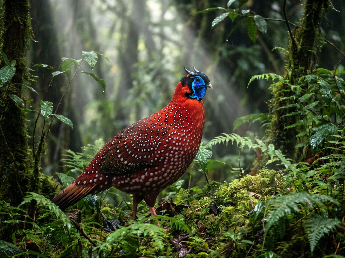 Satyr-Tragopan-Männchen mit leuchtend rotem Gefieder und blauen Gesichtsmarkierungen im Unterholz eines Nebelwaldes