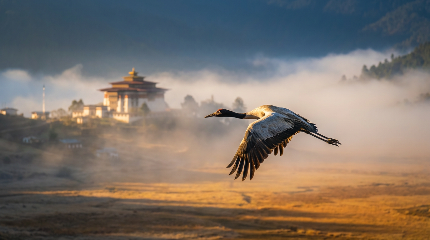 Schwarzhalskranich im Flug über dem nebelverhangenen Phobjikha-Tal bei Sonnenaufgang, im Hintergrund das Gangtey Kloster