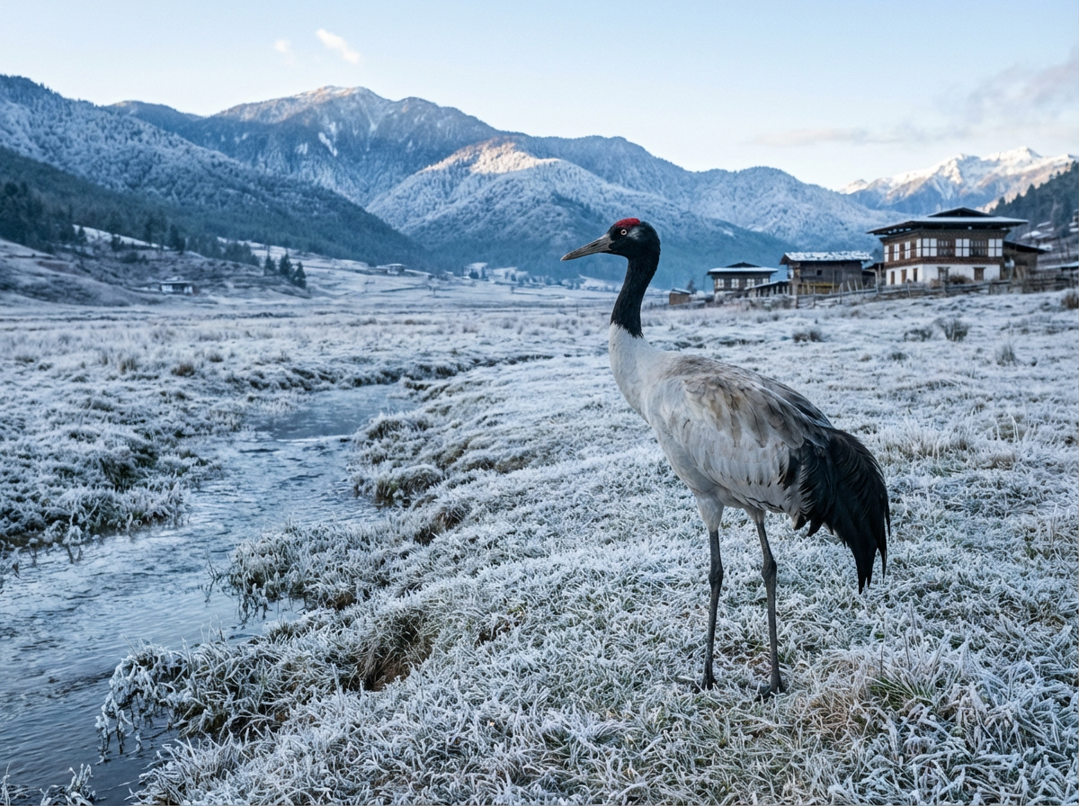 Schwarzhalskranich (Grus nigricollis) auf einer Winterwiese im Phobjikha-Tal, umgeben von Raureif, mit charakteristischem schwarzem Hals und rotem Scheitel