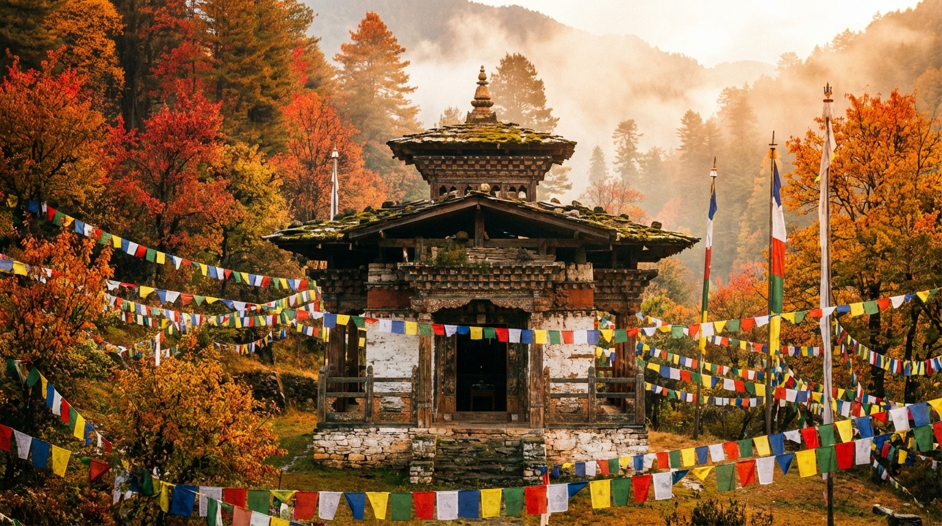 Ein alter Tempel in den Bumthang-Tälern umgeben von herbstlich gefärbten Bäumen und traditionellen Gebetsflaggen