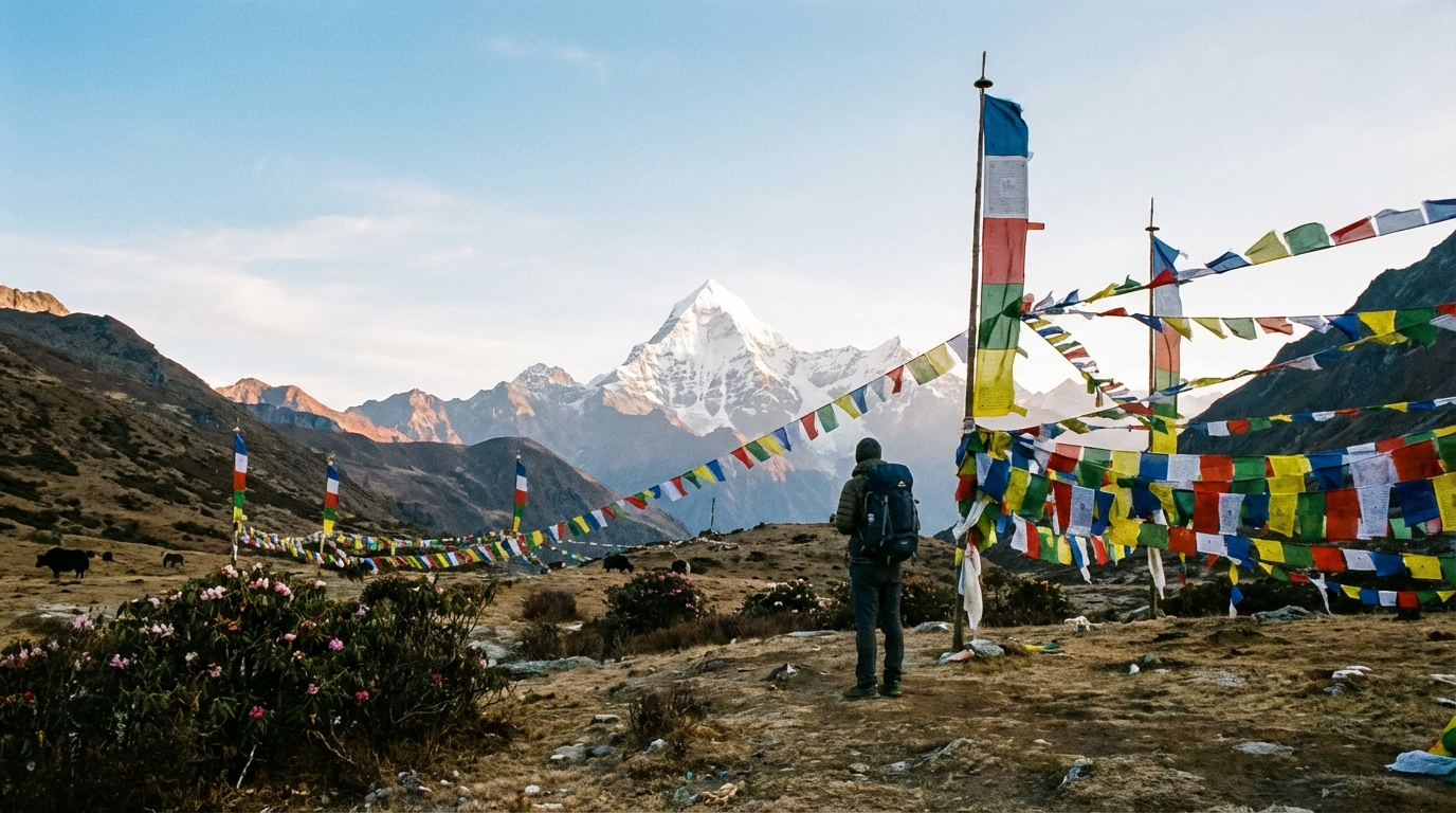 Wanderer am Chele La Pass mit Blick auf die schneebedeckte Chomolhari-Pyramide am Horizont