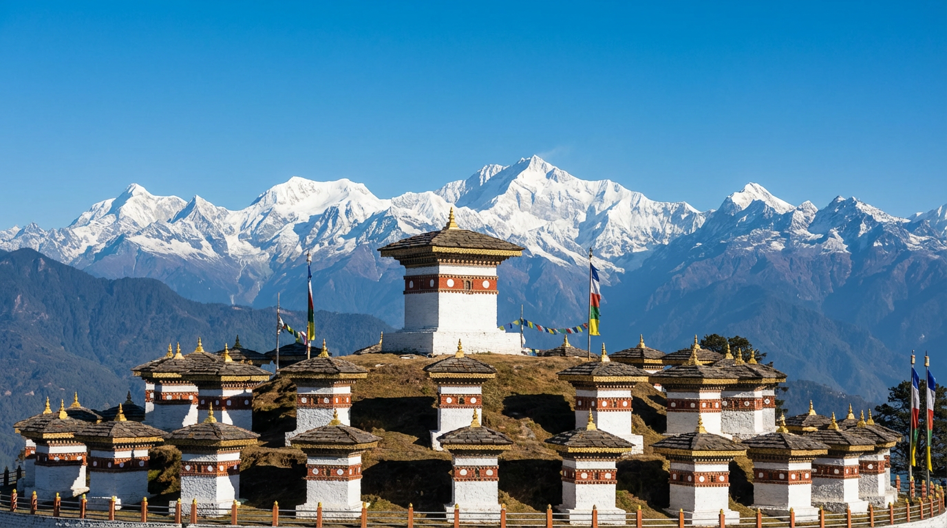 Die 108 Druk Wangyal Chortens am Dochula Pass mit schneebedeckten Himalaya-Gipfeln im Hintergrund bei klarer Sicht