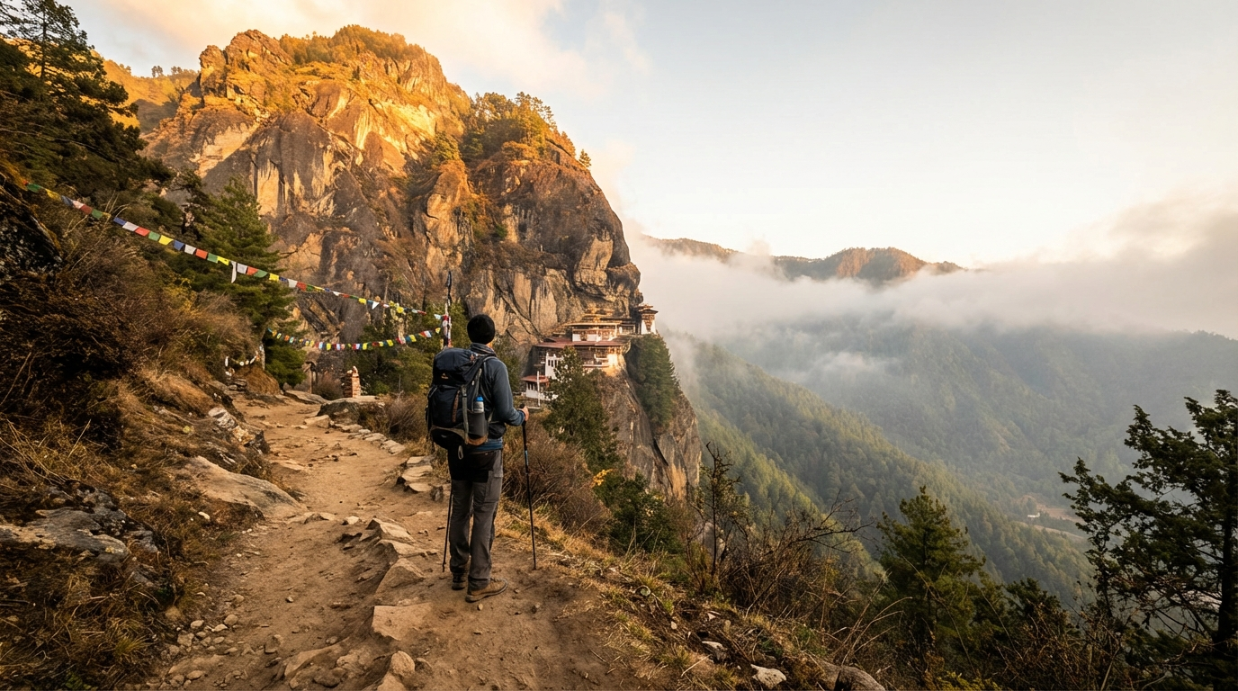 Wanderer auf dem Weg zum Tigernest-Kloster mit Blick auf das nebelverhangene Paro-Tal im Morgenlicht