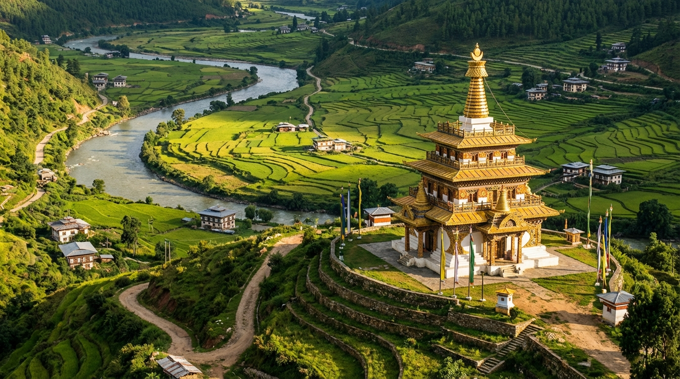 Der golden verzierte Khamsum Yulley Chorten auf einem Hügel über dem grünen Punakha-Tal