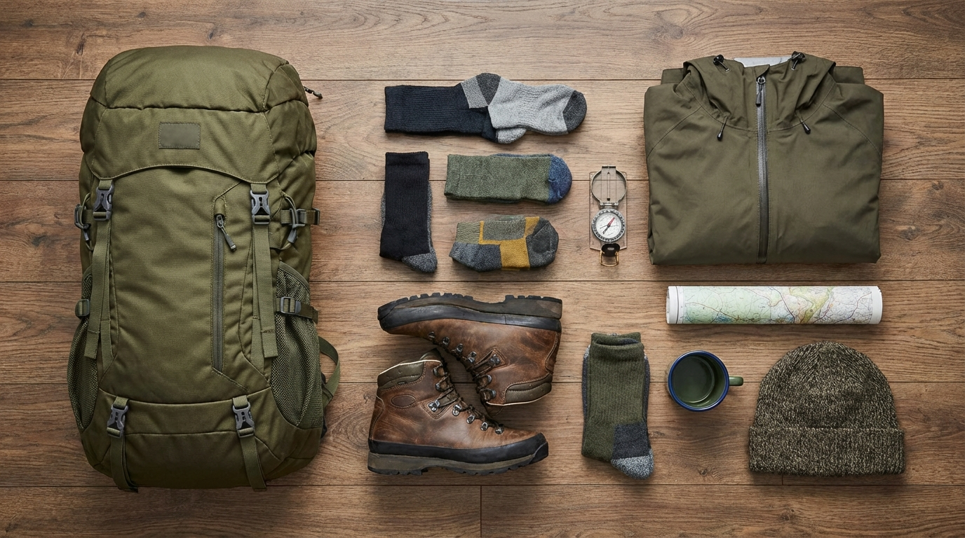 Reiseausrüstung und Wanderkleidung ordentlich ausgelegt auf einem Holzboden